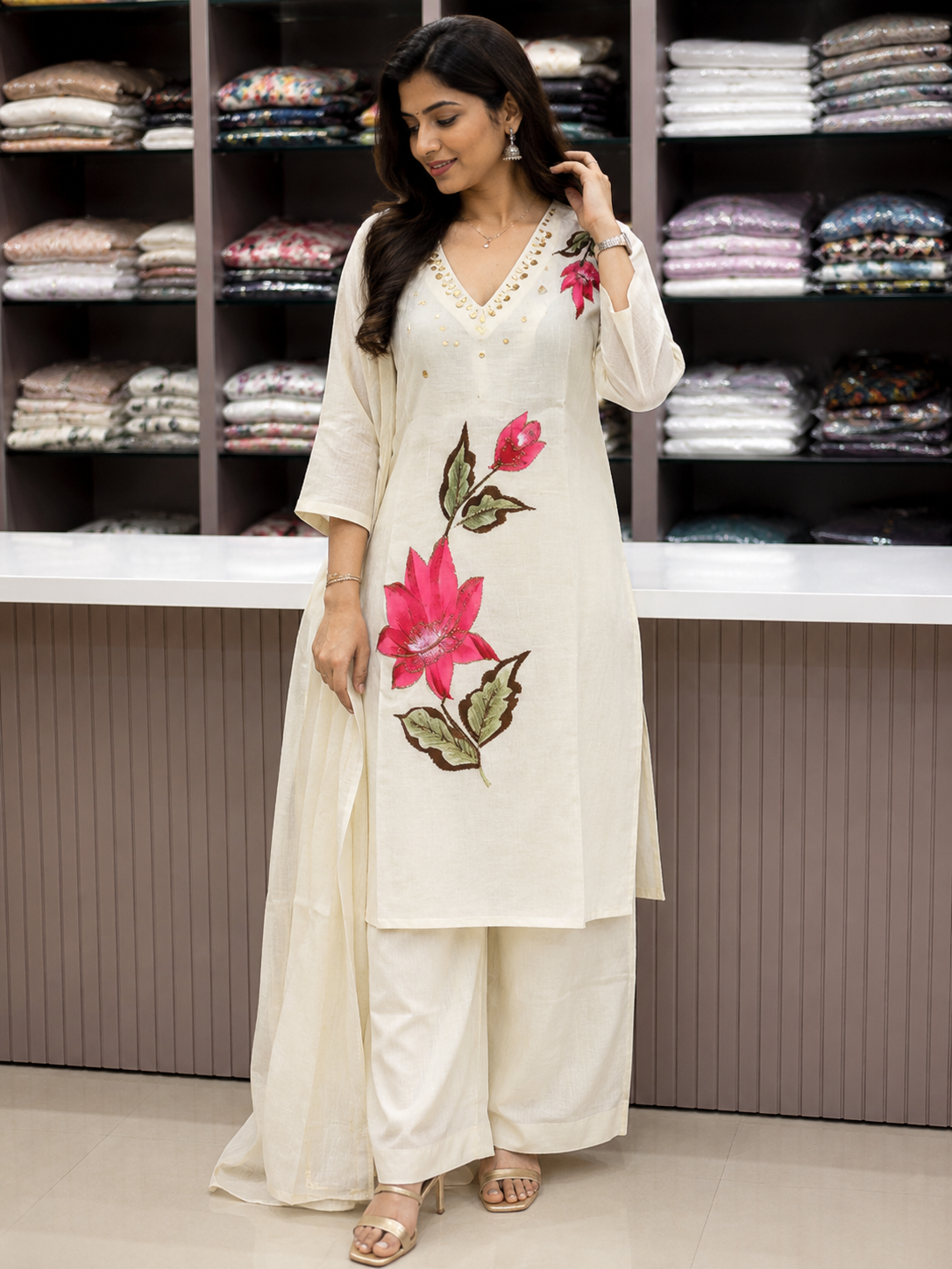 white kurti of floral embroidery