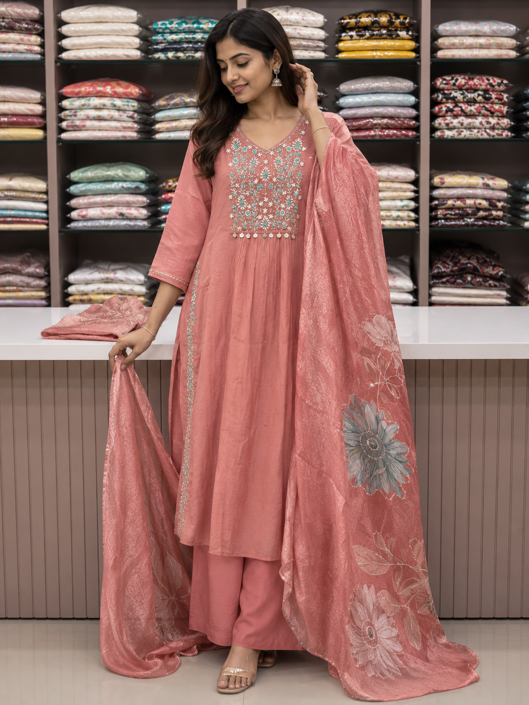 pink colored kurti set for women